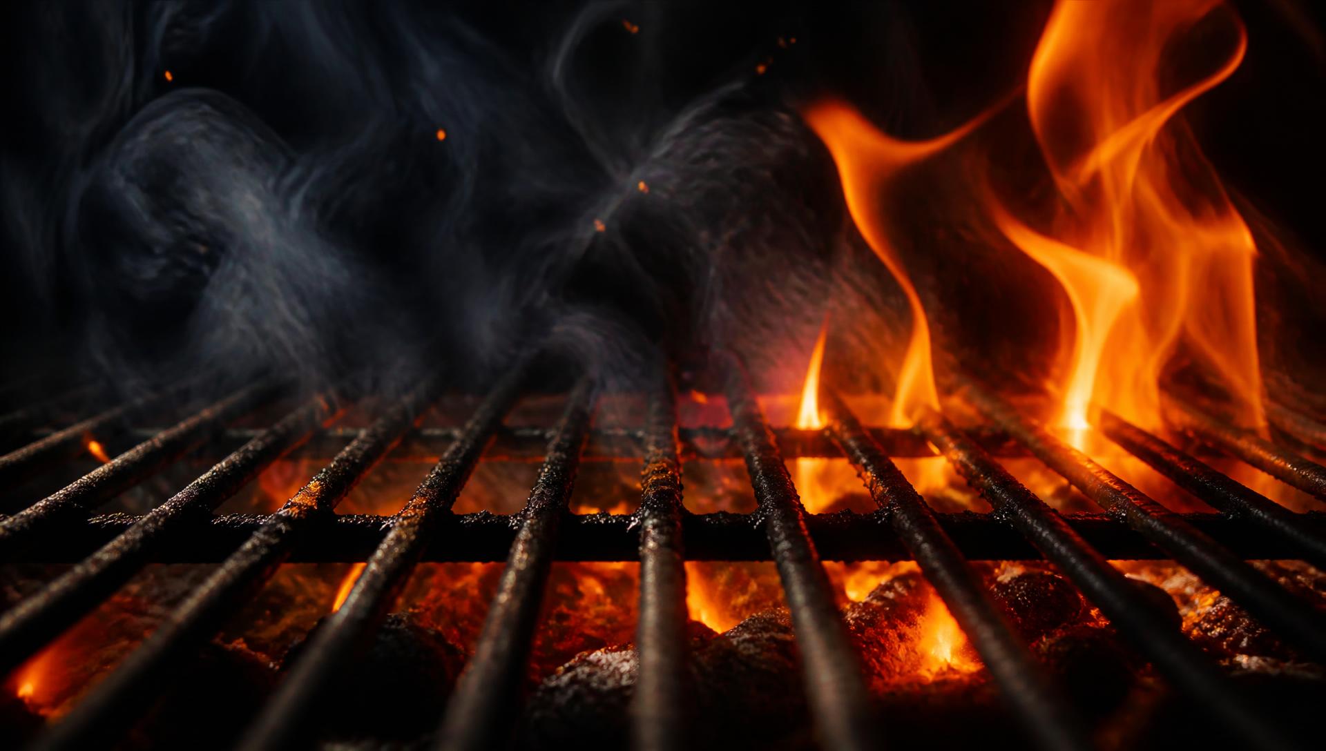 Hot grill grate with glowing embers and smoke